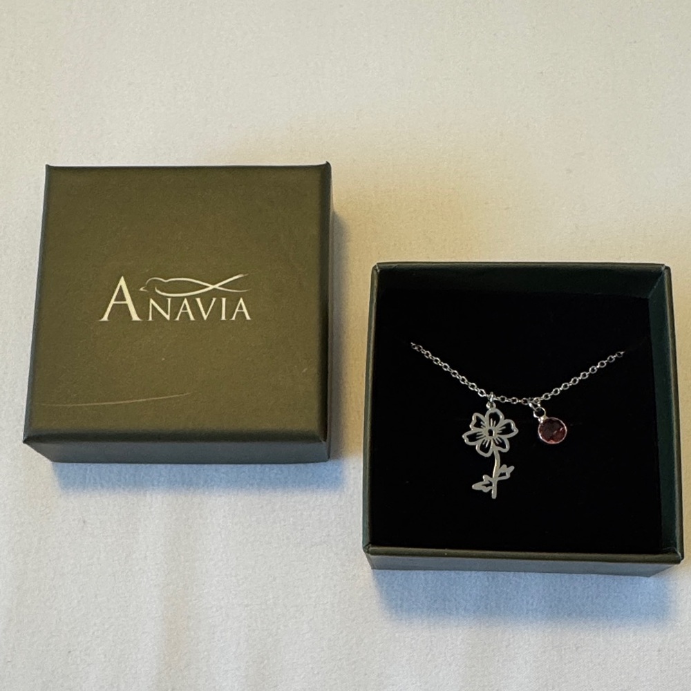 ANAVIA Silver Necklace with Pink Gem and Floral Design
